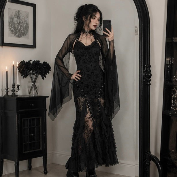 Mesh Crop Top with Flared Bat Sleeves for Gothic Costumes