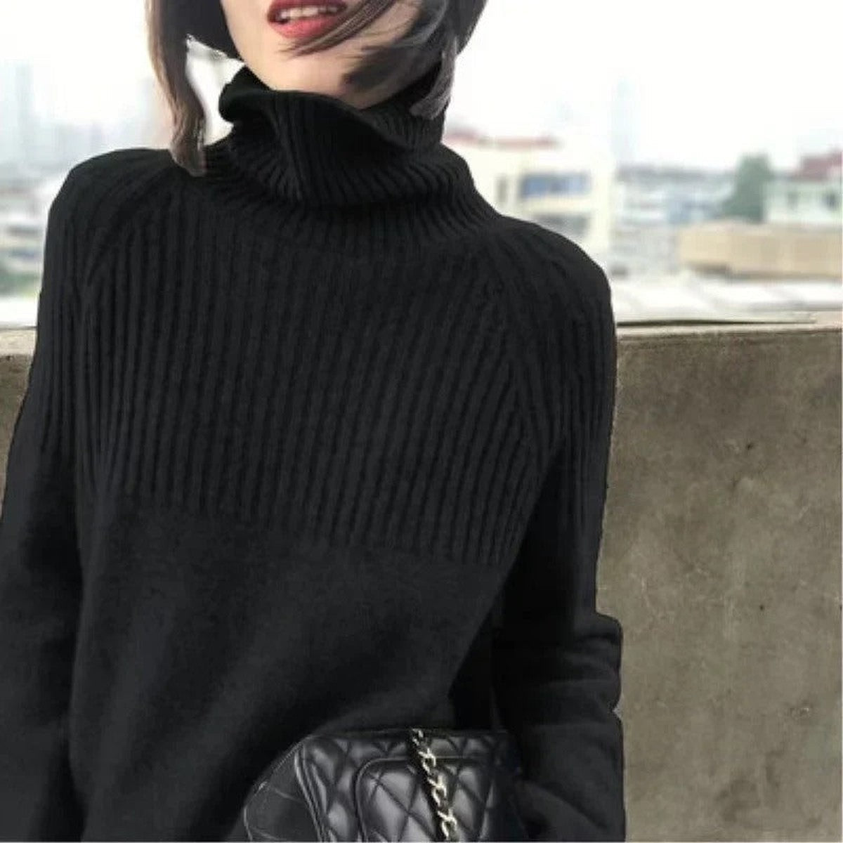 Long Sleeve Knitted Pullover Sweater with High Turtleneck for Women