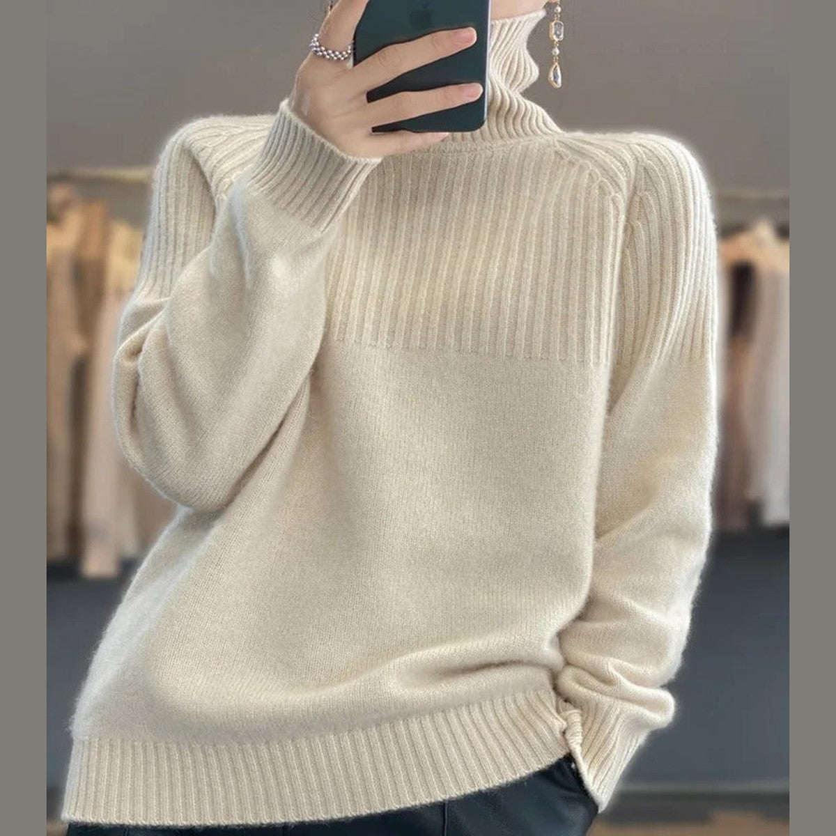 Long Sleeve Knitted Pullover Sweater with High Turtleneck for Women
