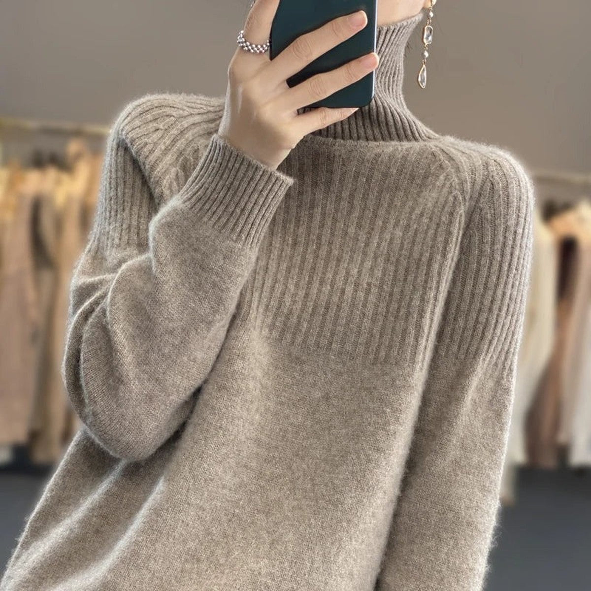 Long Sleeve Knitted Pullover Sweater with High Turtleneck for Women