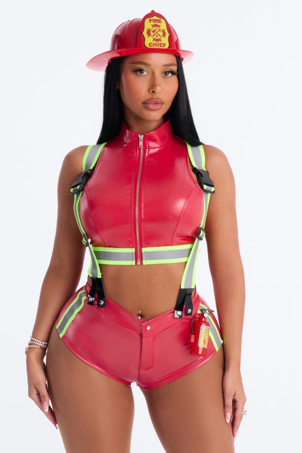 Women's Five Piece Red Costume Set with Helmet and Crop Top, Shorts and Straps