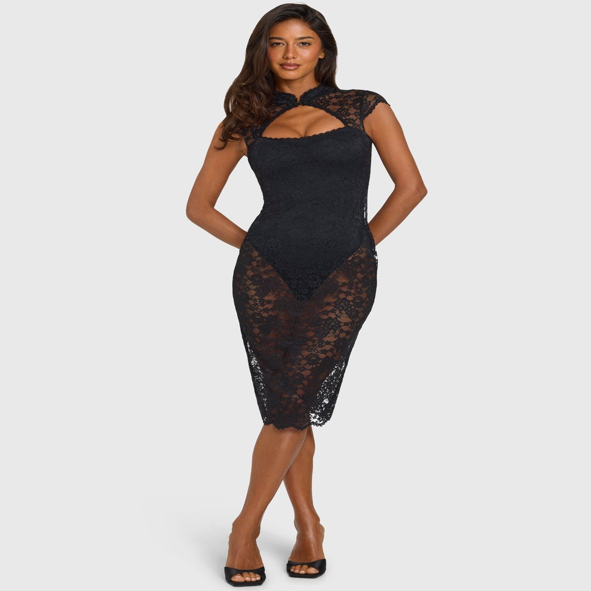 Sleeveless Black Bodycon Evening Dress with Sheer Floral Lace and Cut Out Waist