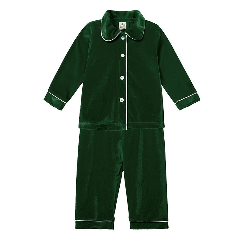 Children Holiday Pajama Set with Plaid Pants and Lace Collar