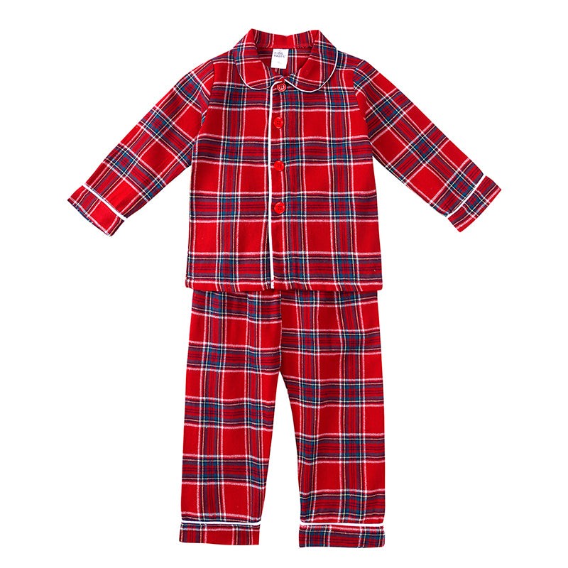 Children Holiday Pajama Set with Plaid Pants and Lace Collar
