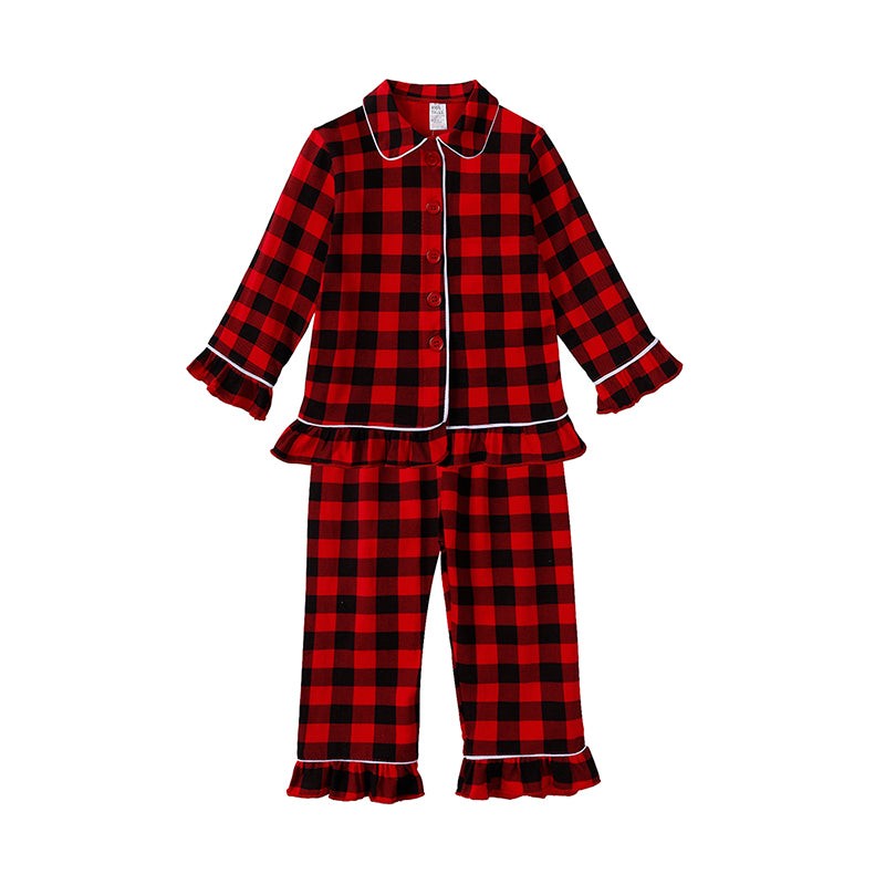 Children Holiday Pajama Set with Plaid Pants and Lace Collar