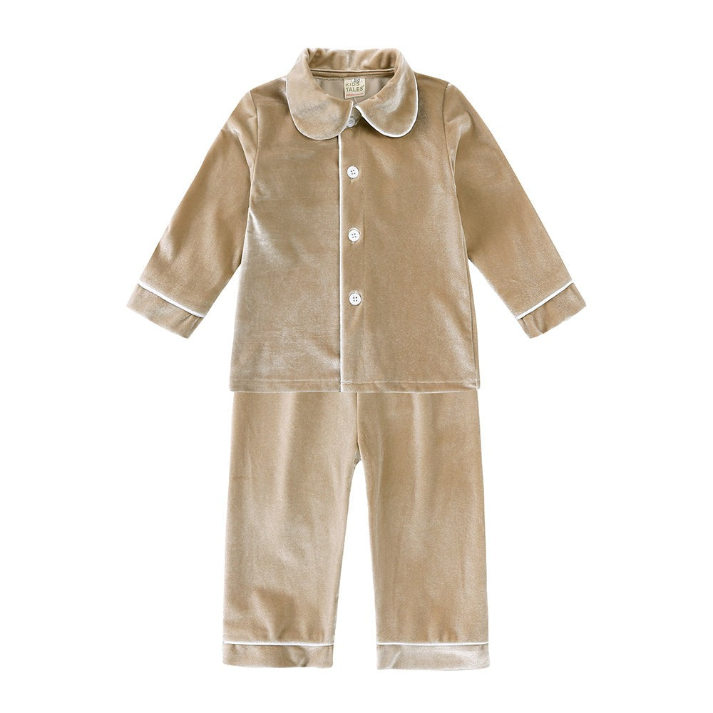 Children Holiday Pajama Set with Plaid Pants and Lace Collar