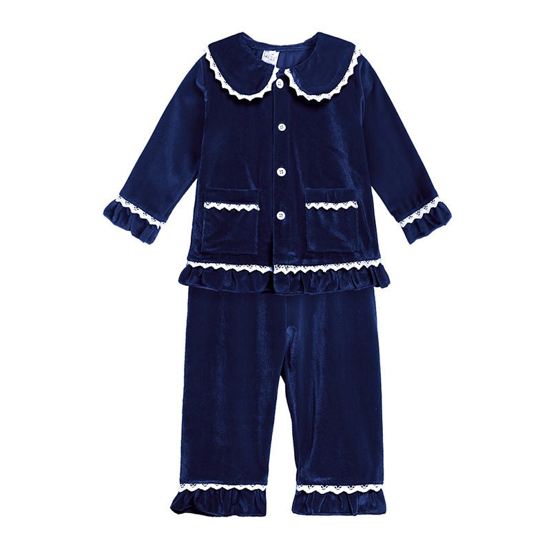 Children Holiday Pajama Set with Plaid Pants and Lace Collar