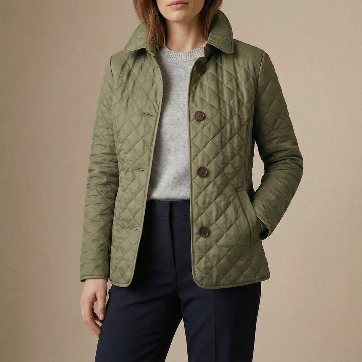 Quilted Lightweight Padded Jacket with Turn Down Collar and Front Patch Pockets