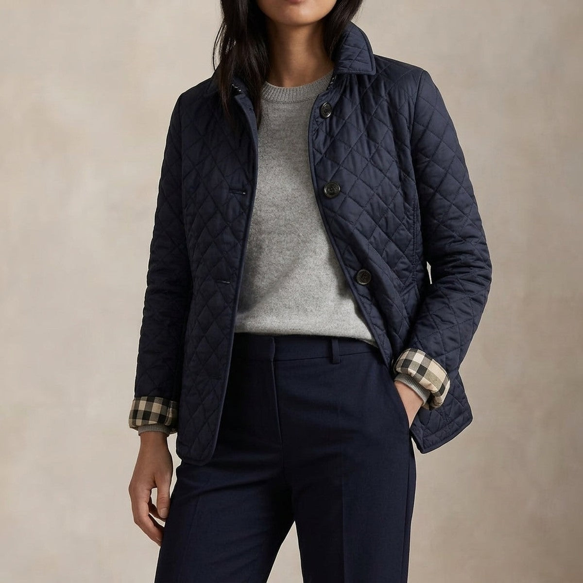 Quilted Lightweight Padded Jacket with Turn Down Collar and Front Patch Pockets
