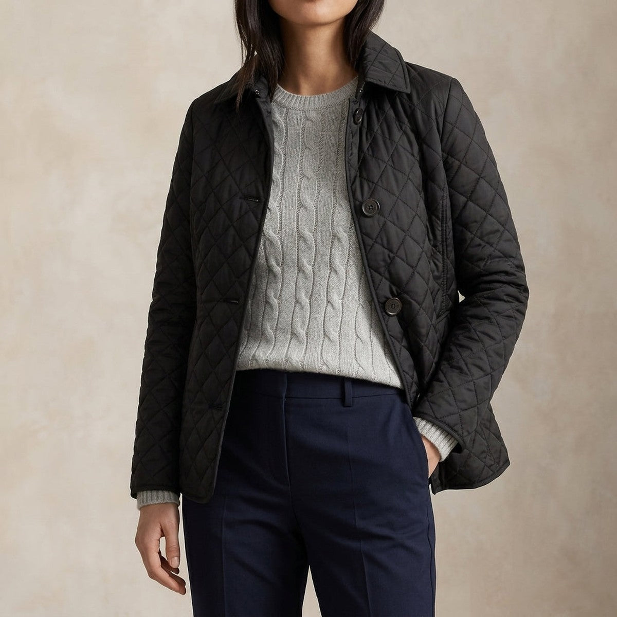 Quilted Lightweight Padded Jacket with Turn Down Collar and Front Patch Pockets
