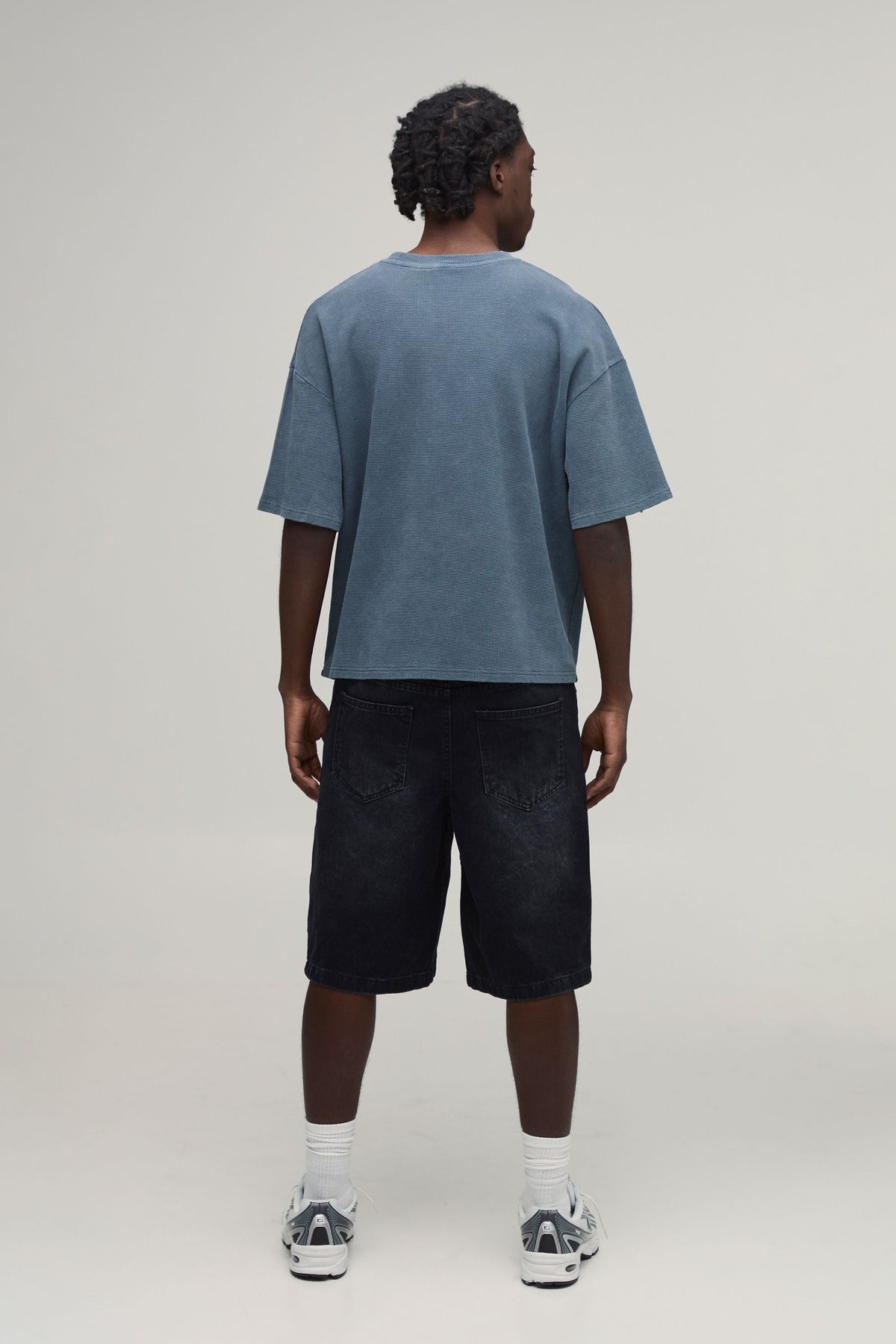 Oversized Waffle Knit Tee with Gothic Graphic Print, Charcoal