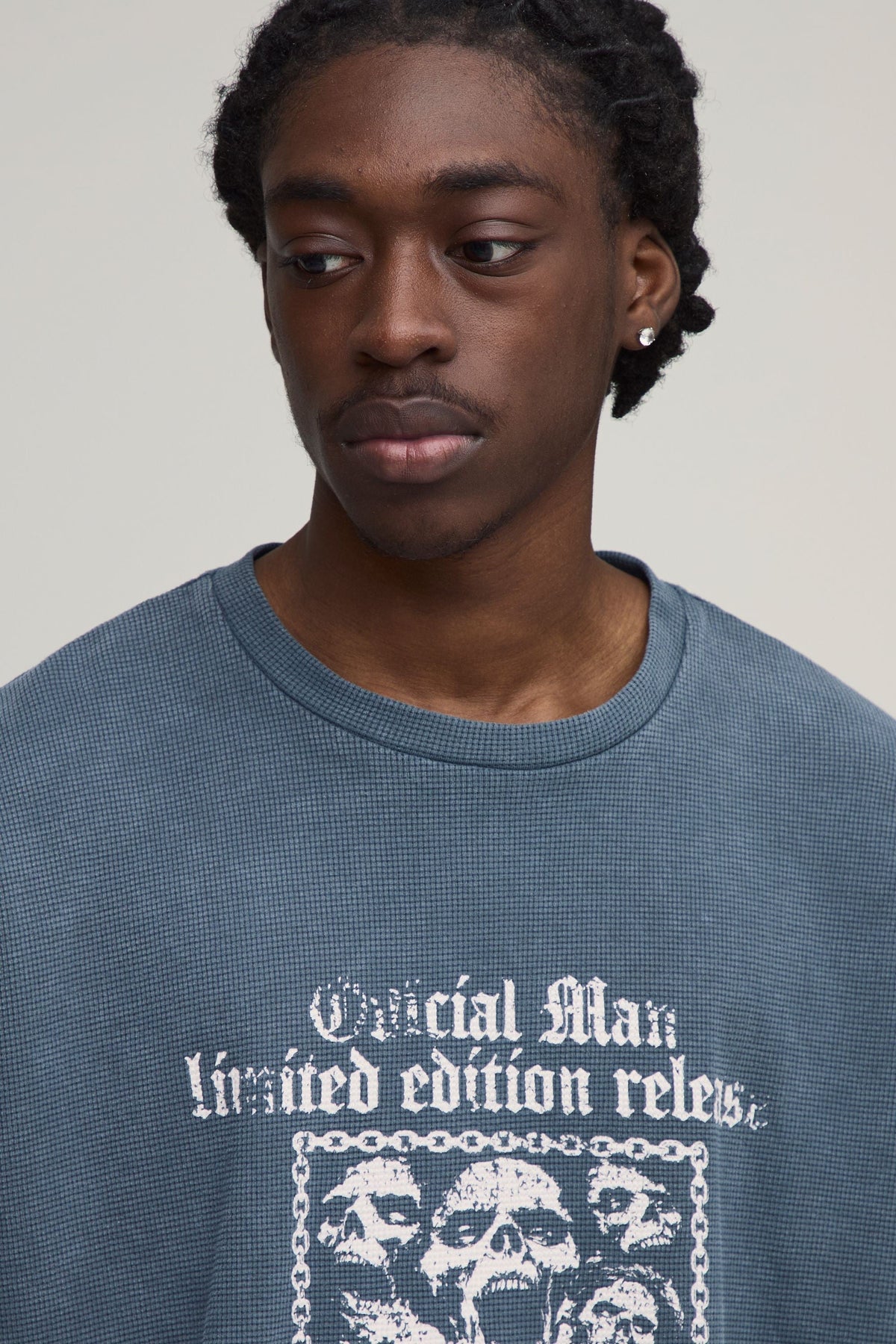 Oversized Waffle Knit Tee with Gothic Graphic Print, Charcoal