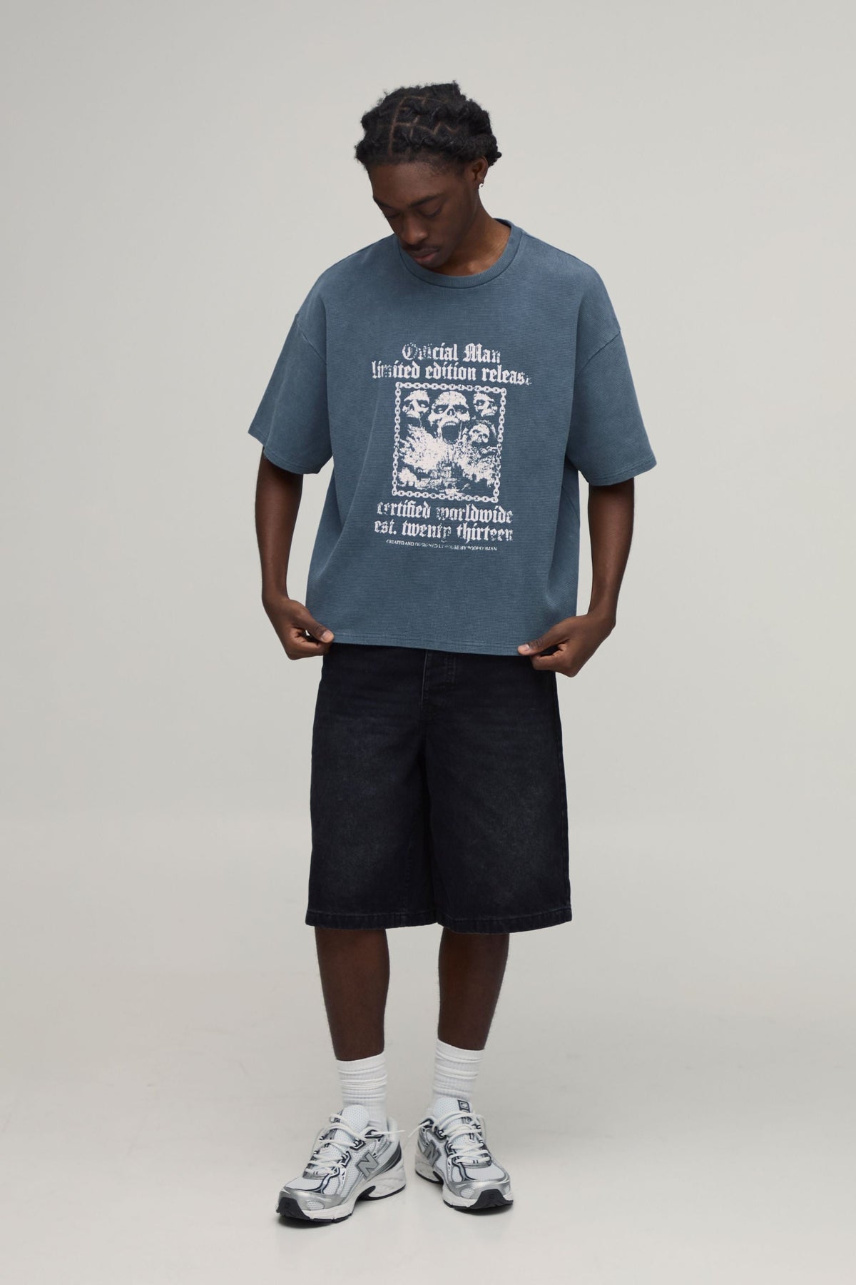 Oversized Waffle Knit Tee with Gothic Graphic Print, Charcoal