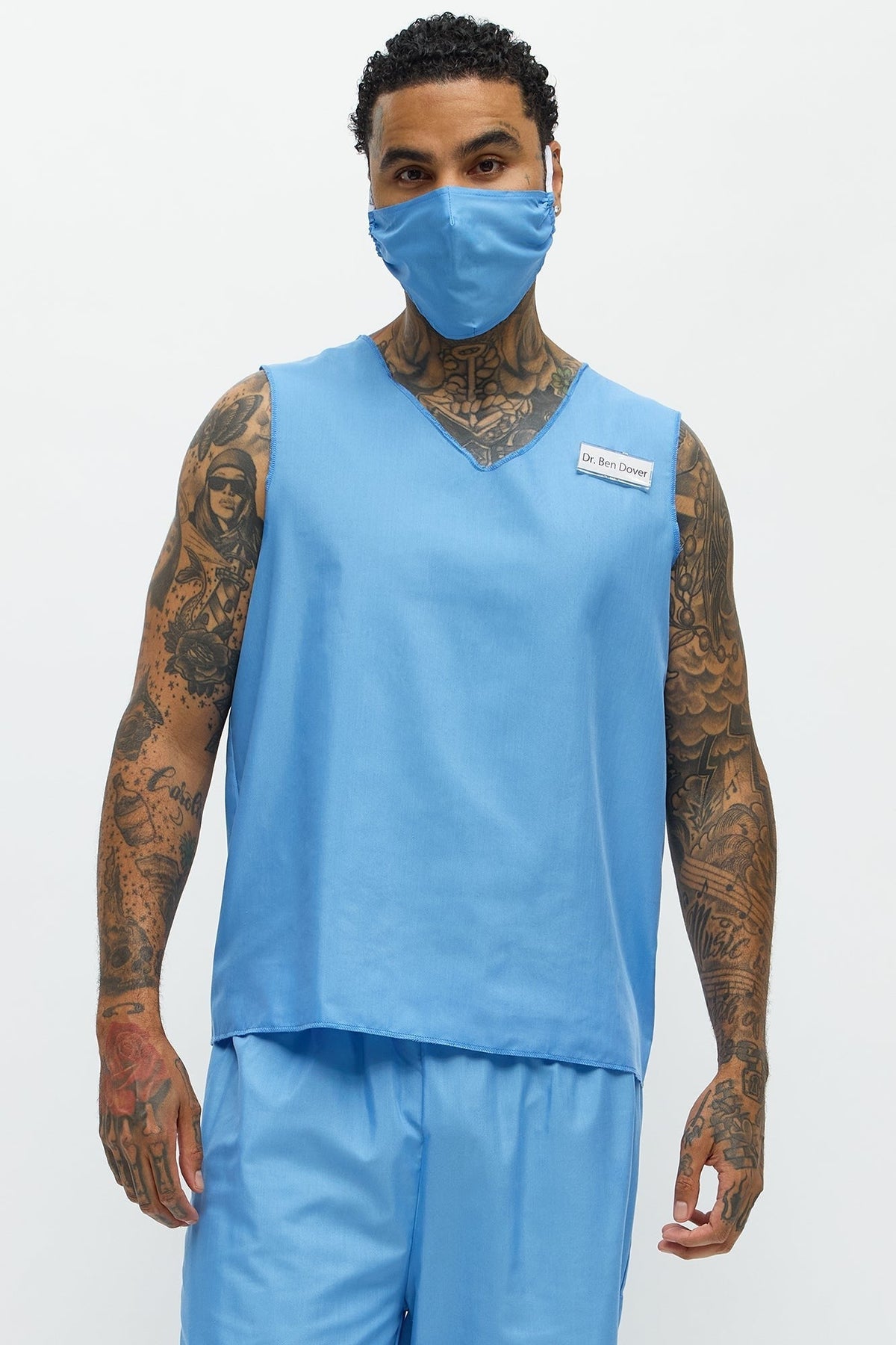 Medical Scrub Costume Set for Men with V Neck Top and Pants in Blue