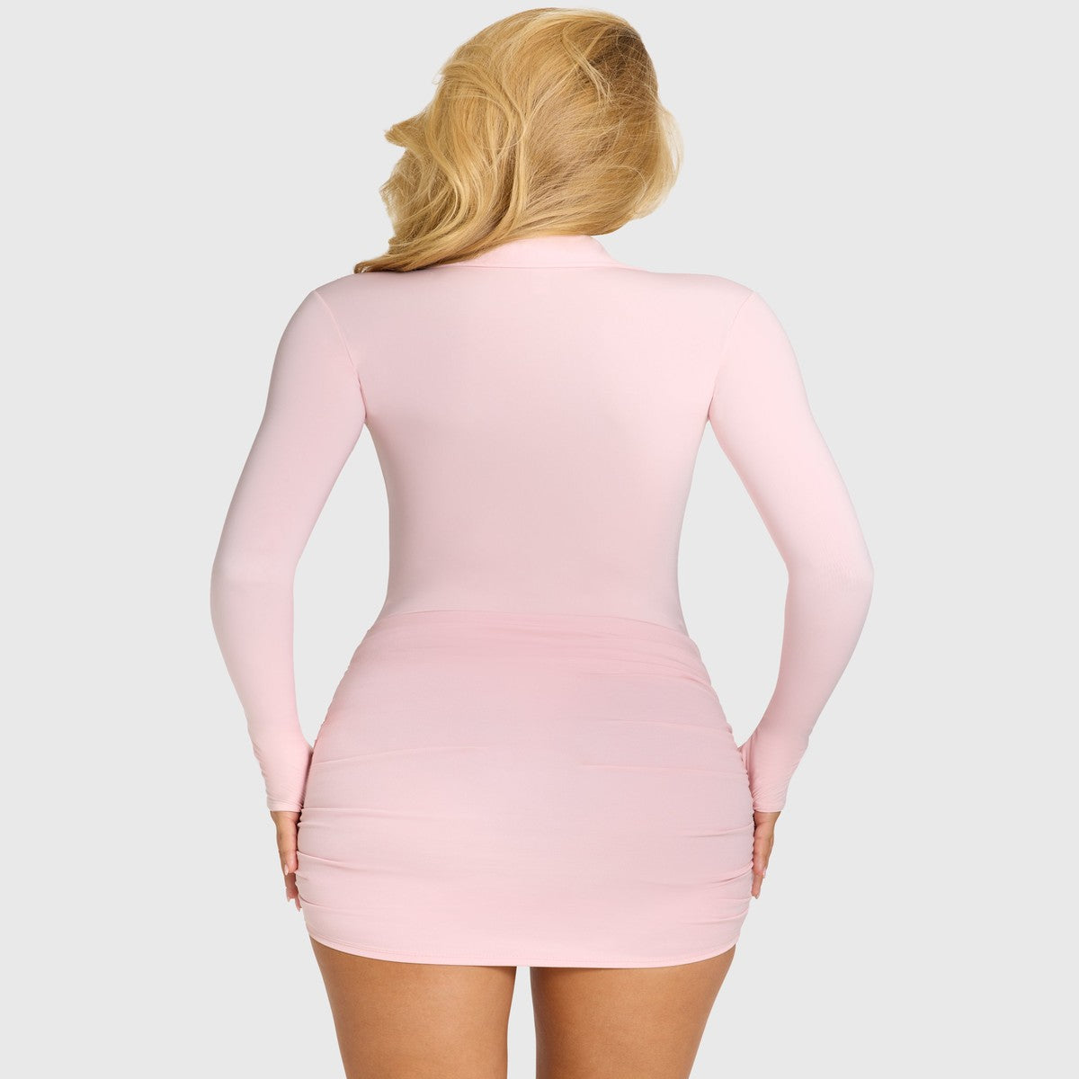 Collared Long Sleeve Short Shirtdress with Waist Tie Belt in Soft Pink