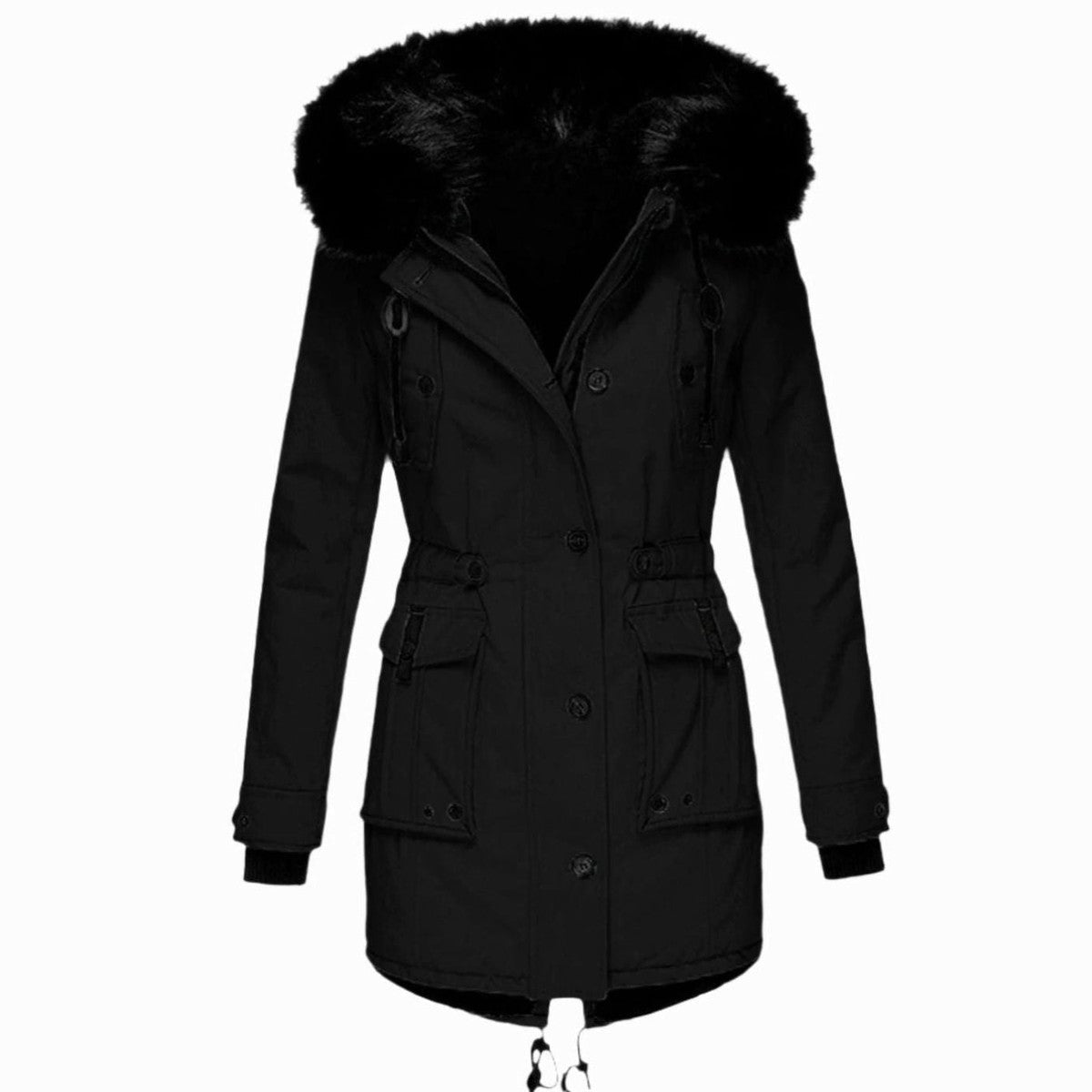 Women Warm Fleece Lined Winter Parka Jacket with Faux Fur Trimmed Hood