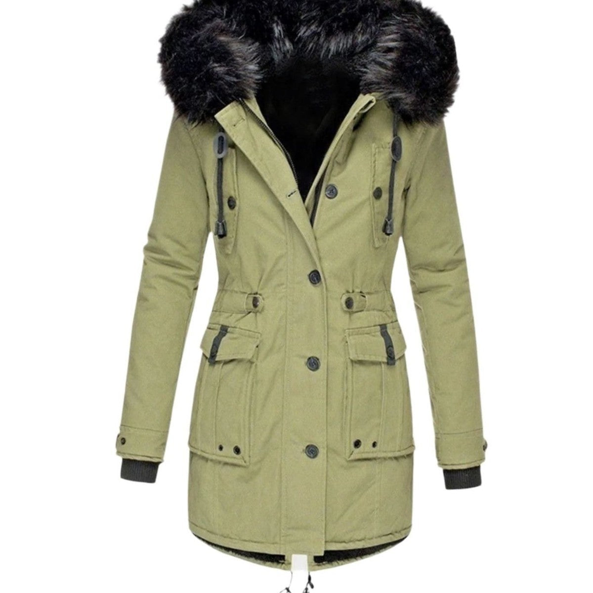 Women Warm Fleece Lined Winter Parka Jacket with Faux Fur Trimmed Hood