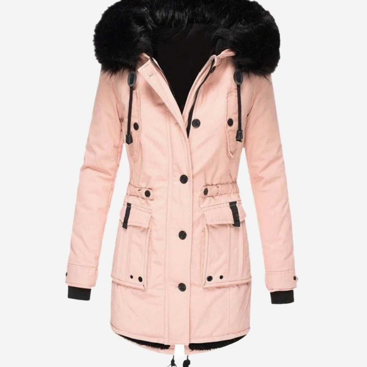 Women Warm Fleece Lined Winter Parka Jacket with Faux Fur Trimmed Hood