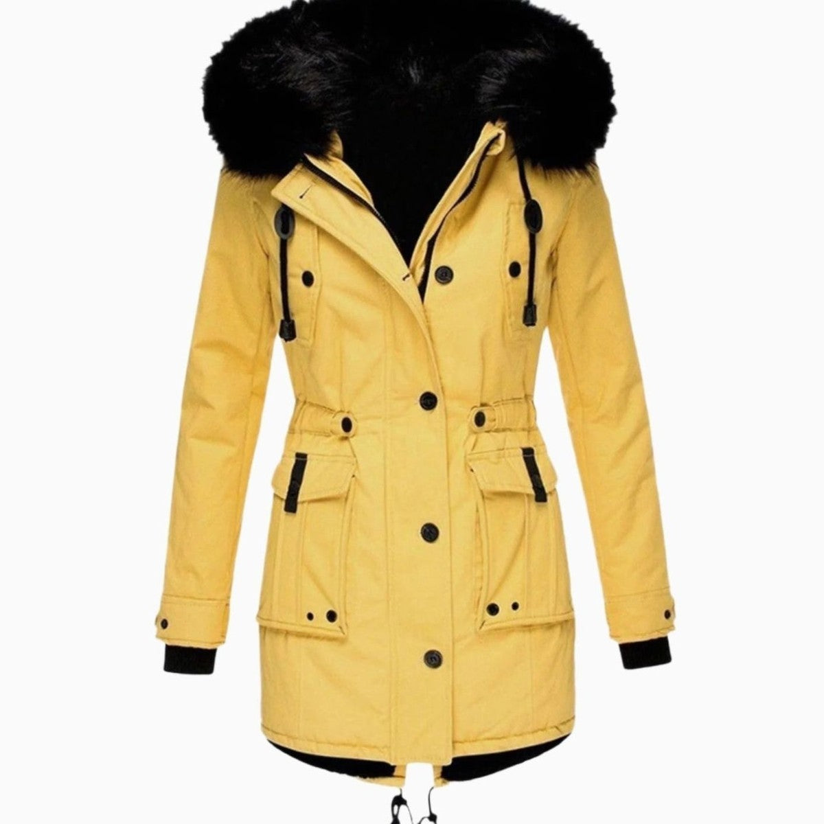 Women Warm Fleece Lined Winter Parka Jacket with Faux Fur Trimmed Hood