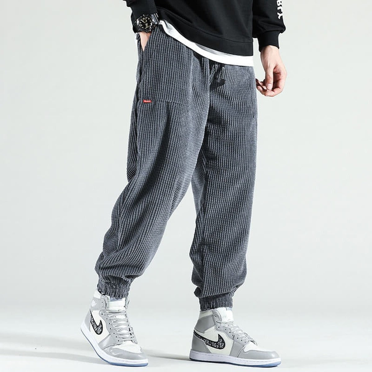 Men Casual Corduroy Pants with Elastic Drawstring Waist and Side Pockets