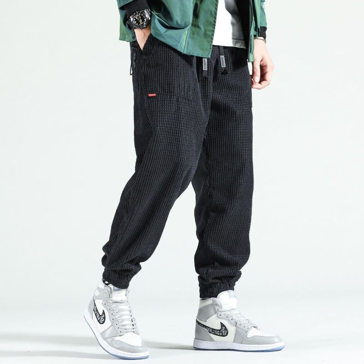 Men Casual Corduroy Pants with Elastic Drawstring Waist and Side Pockets