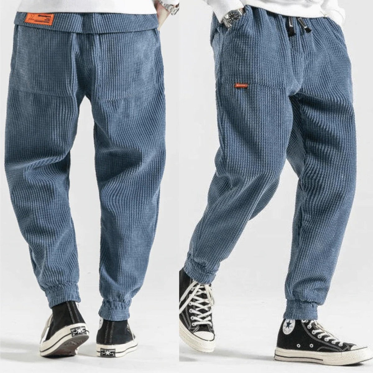 Men Casual Corduroy Pants with Elastic Drawstring Waist and Side Pockets