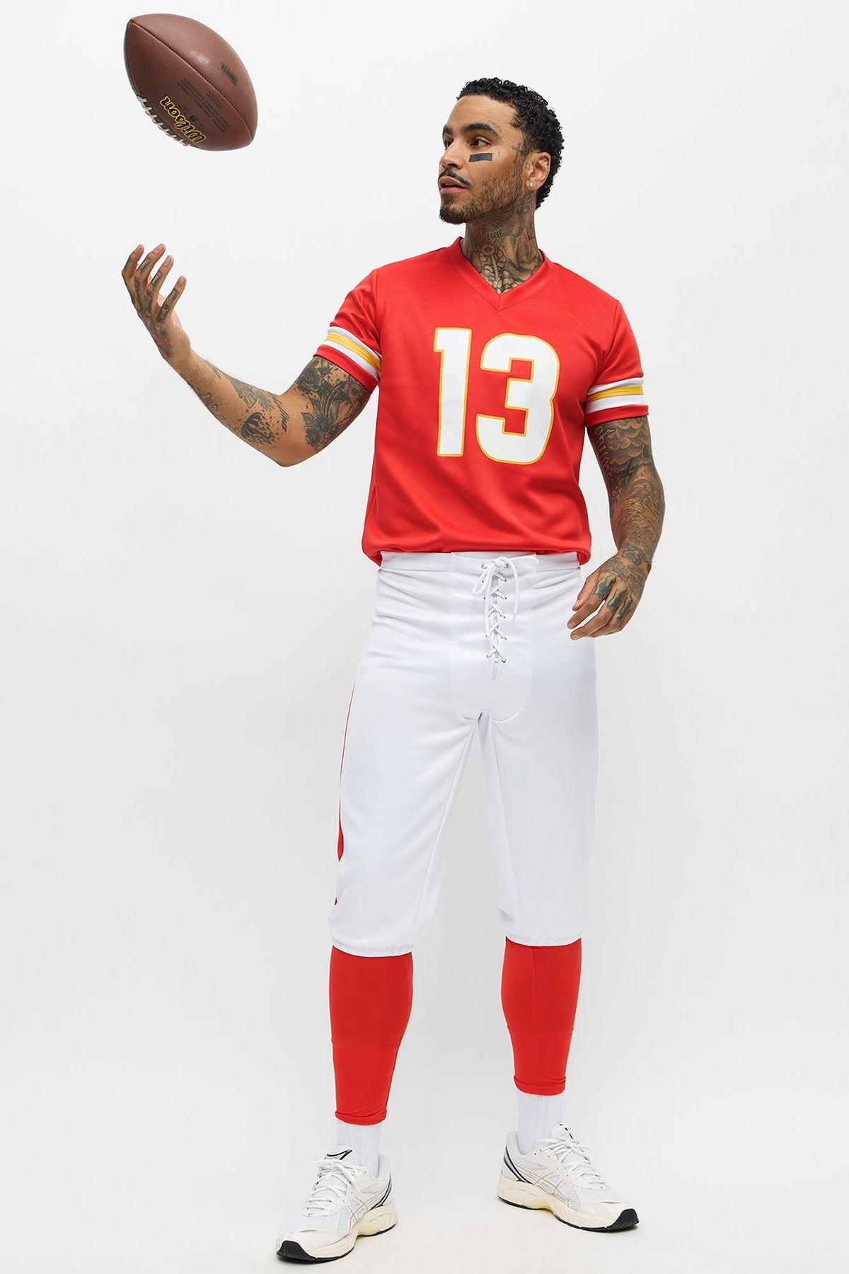 Men Red Football Player Costume with Cropped Jersey and Shorts