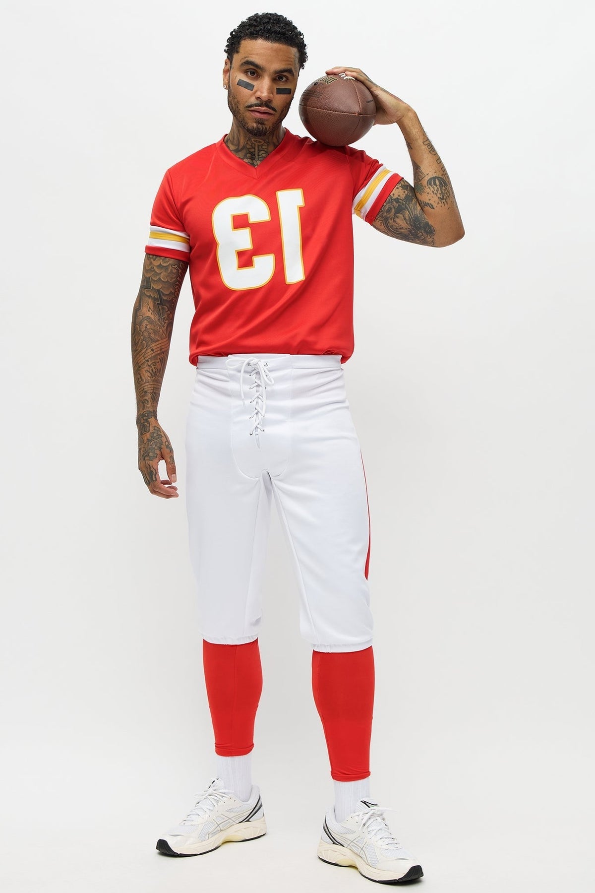 Men Red Football Player Costume with Cropped Jersey and Shorts
