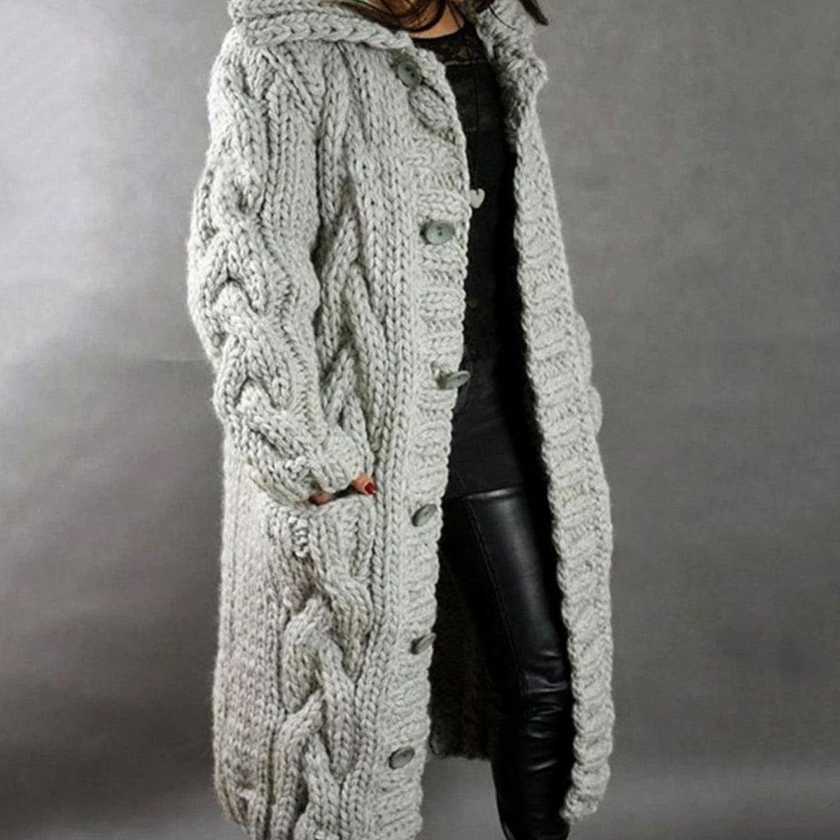 Chunky Cable Knit Hooded Sweater Coat with Front Buttons and Deep Pockets