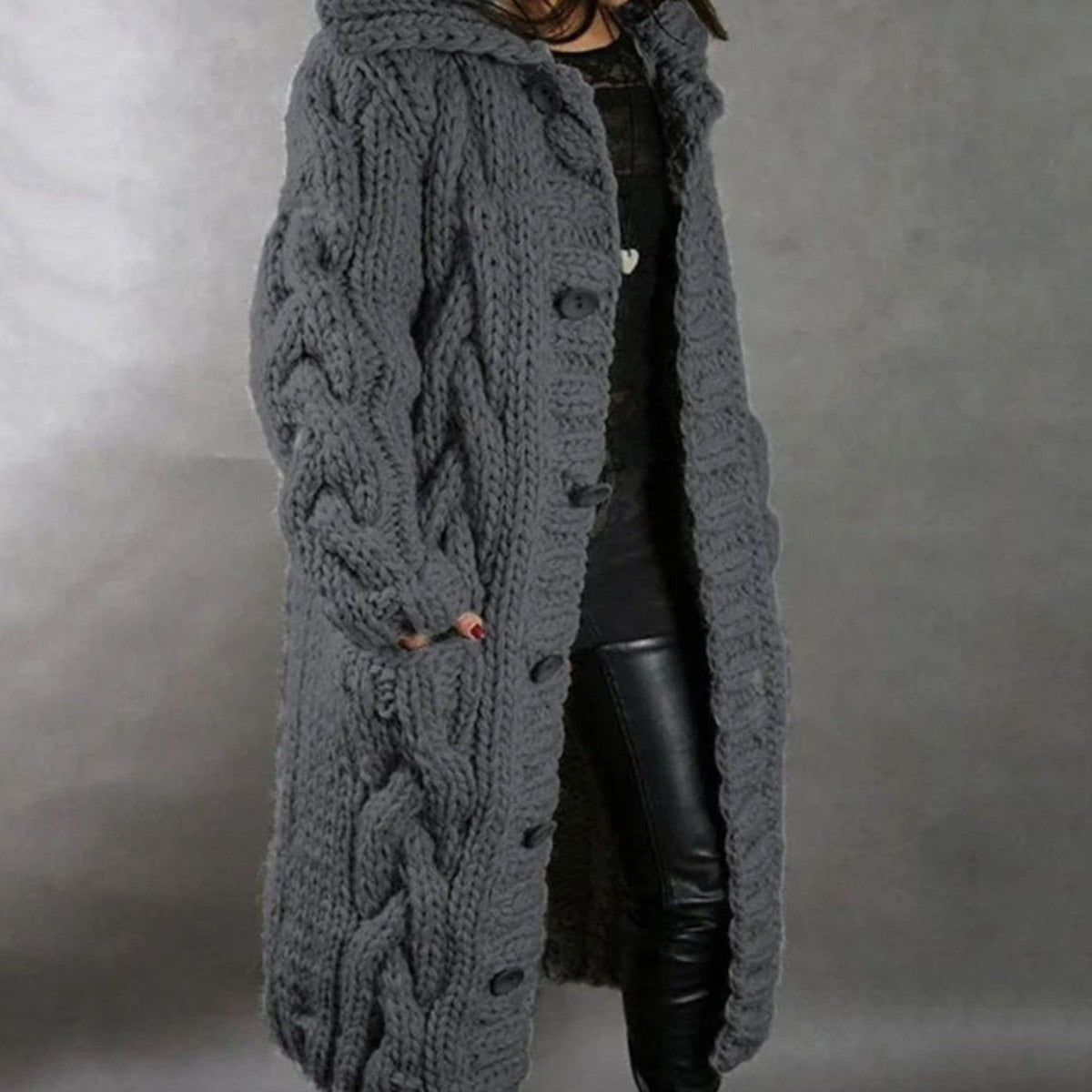 Chunky Cable Knit Hooded Sweater Coat with Front Buttons and Deep Pockets