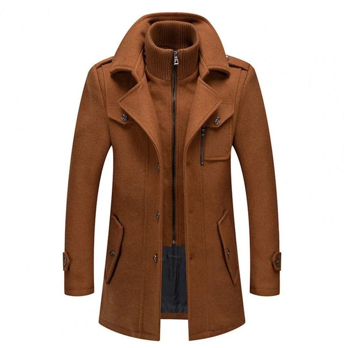 Men Wool Blend Winter Overcoat with Double Collar and Button Closure