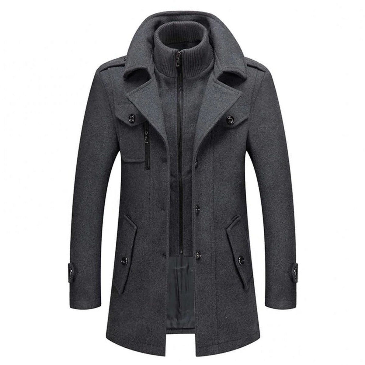 Men Wool Blend Winter Overcoat with Double Collar and Button Closure
