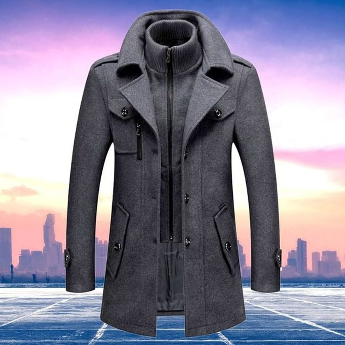 Men Wool Blend Winter Overcoat with Double Collar and Button Closure