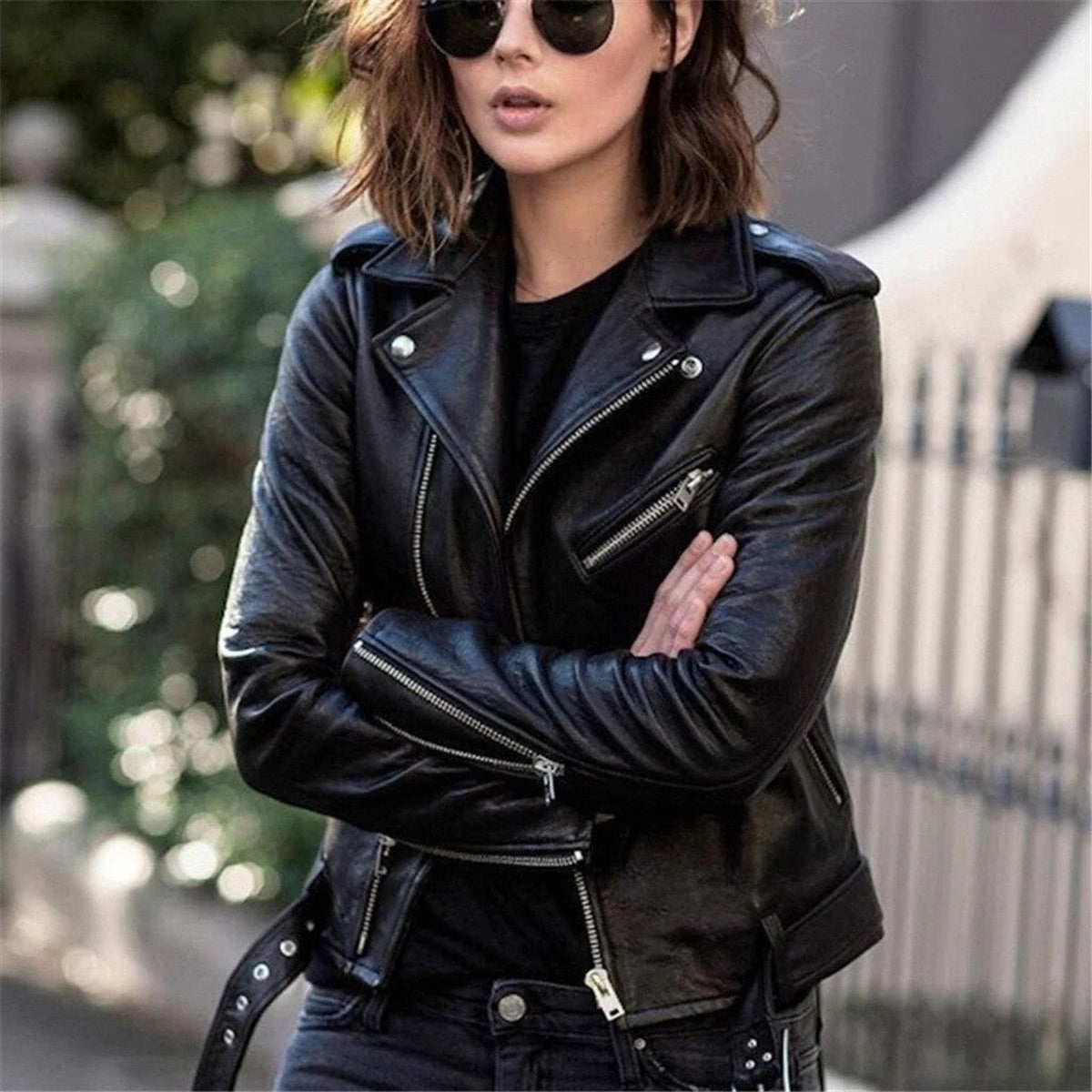 Women Faux Leather Biker Jacket with Asymmetrical Zipper and Lapel Collar