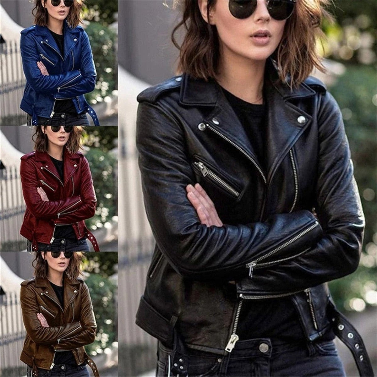 Women Faux Leather Biker Jacket with Asymmetrical Zipper and Lapel Collar