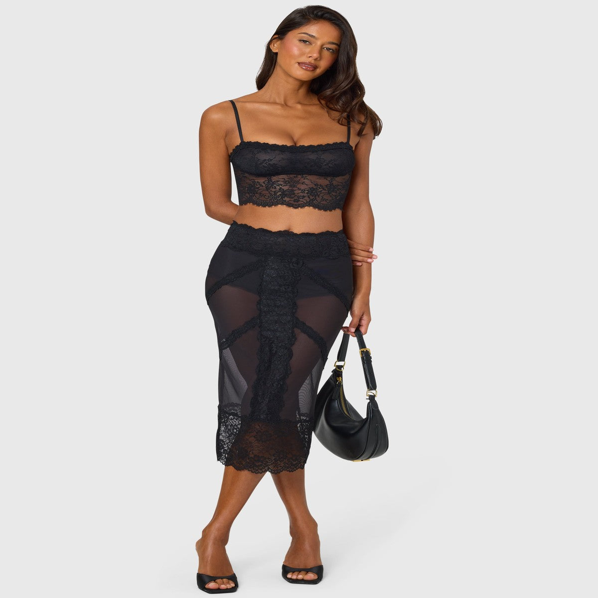 Black Satin Slip Midi Skirt with Delicate Floral Lace Applique Detail