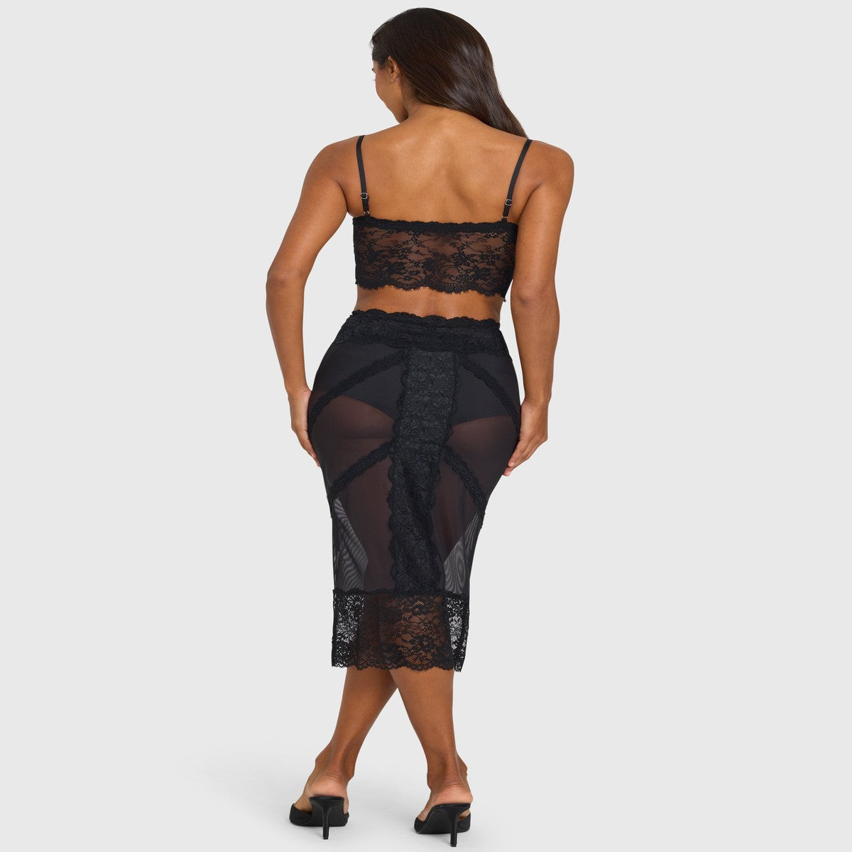 Black Satin Slip Midi Skirt with Delicate Floral Lace Applique Detail