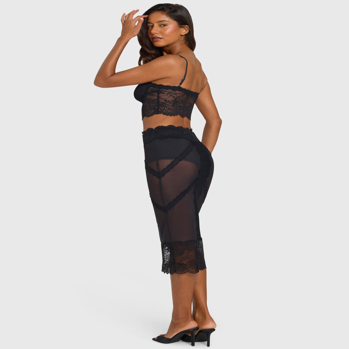 Black Satin Slip Midi Skirt with Delicate Floral Lace Applique Detail