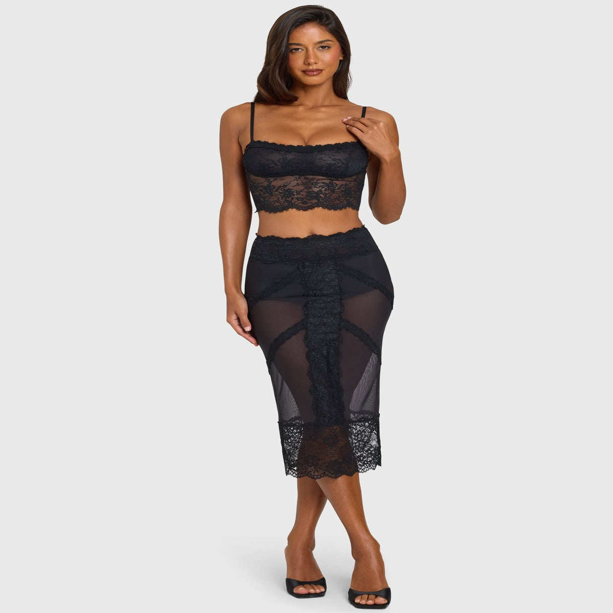 Black Satin Slip Midi Skirt with Delicate Floral Lace Applique Detail