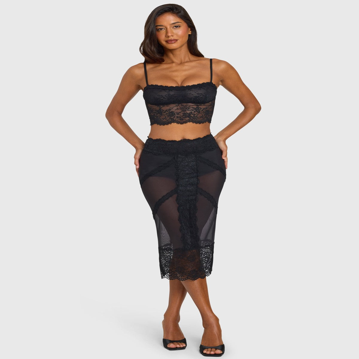 Black Satin Slip Midi Skirt with Delicate Floral Lace Applique Detail