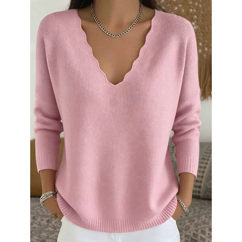 Long Sleeve Scalloped V Neck Knit Pullover Sweater with Ribbed Trim
