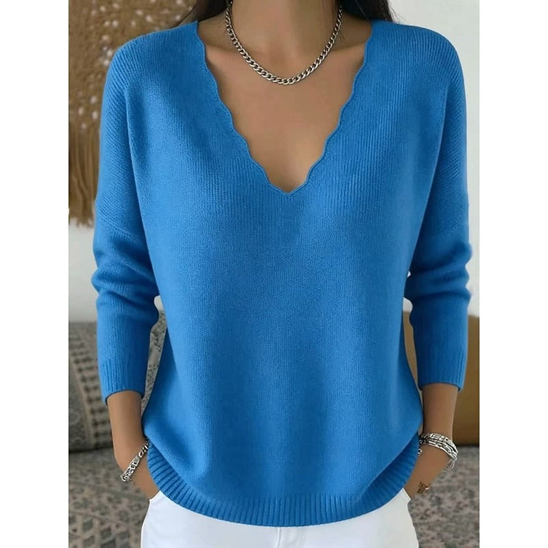 Long Sleeve Scalloped V Neck Knit Pullover Sweater with Ribbed Trim
