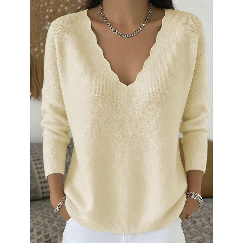 Long Sleeve Scalloped V Neck Knit Pullover Sweater with Ribbed Trim