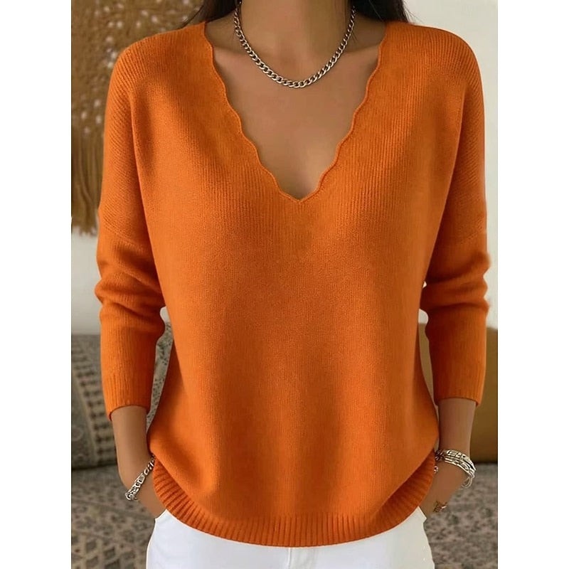 Long Sleeve Scalloped V Neck Knit Pullover Sweater with Ribbed Trim