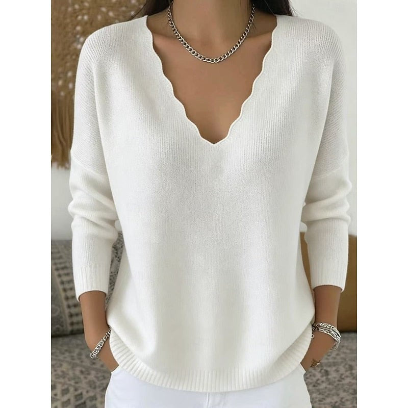 Long Sleeve Scalloped V Neck Knit Pullover Sweater with Ribbed Trim