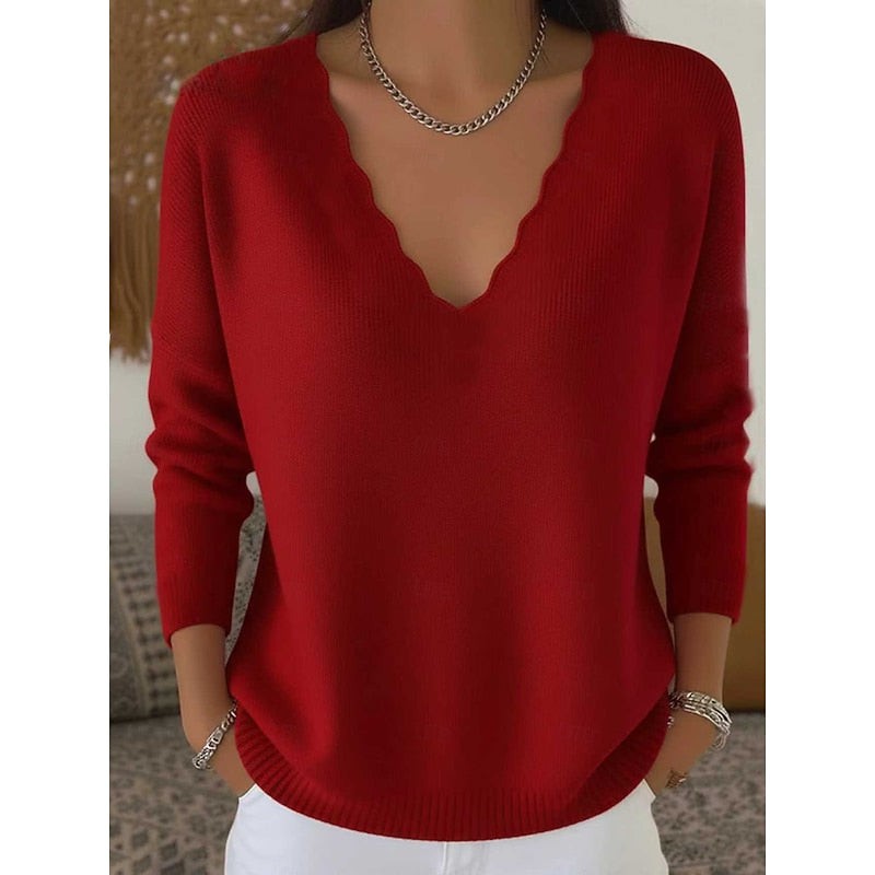 Long Sleeve Scalloped V Neck Knit Pullover Sweater with Ribbed Trim
