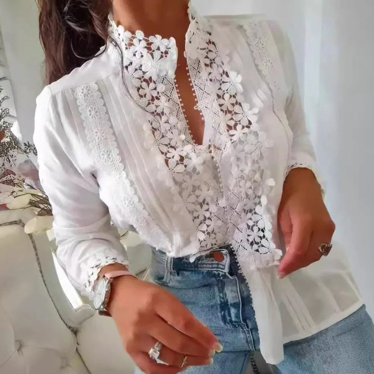 Boho Print Long Sleeve Blouse with Split V Neck for Women