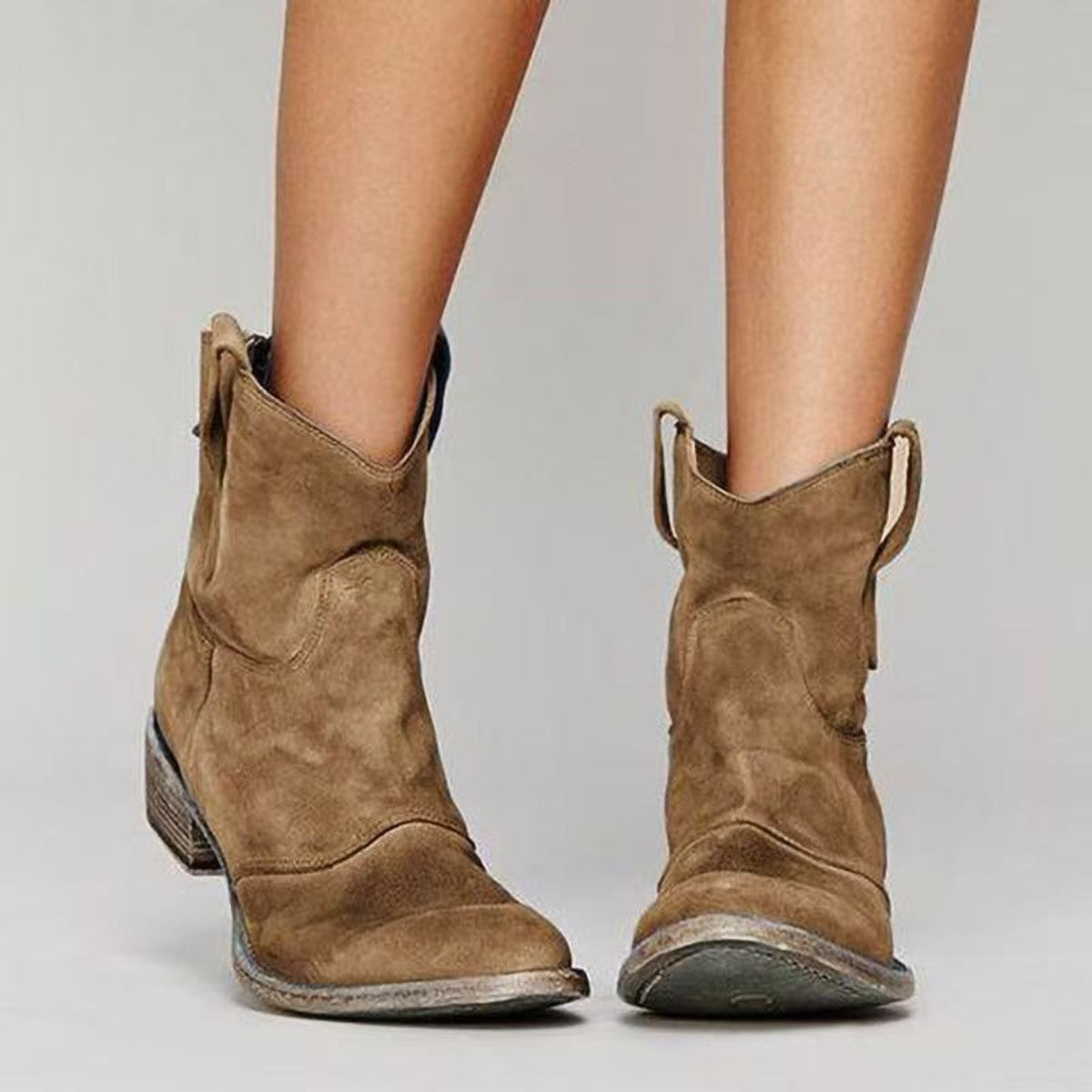 Women Low Block Heel Western Booties with Decorative Stitch Detailing