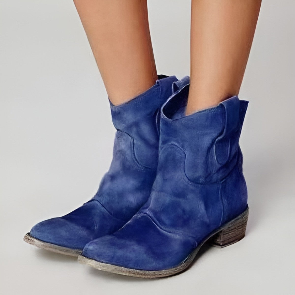 Women Low Block Heel Western Booties with Decorative Stitch Detailing