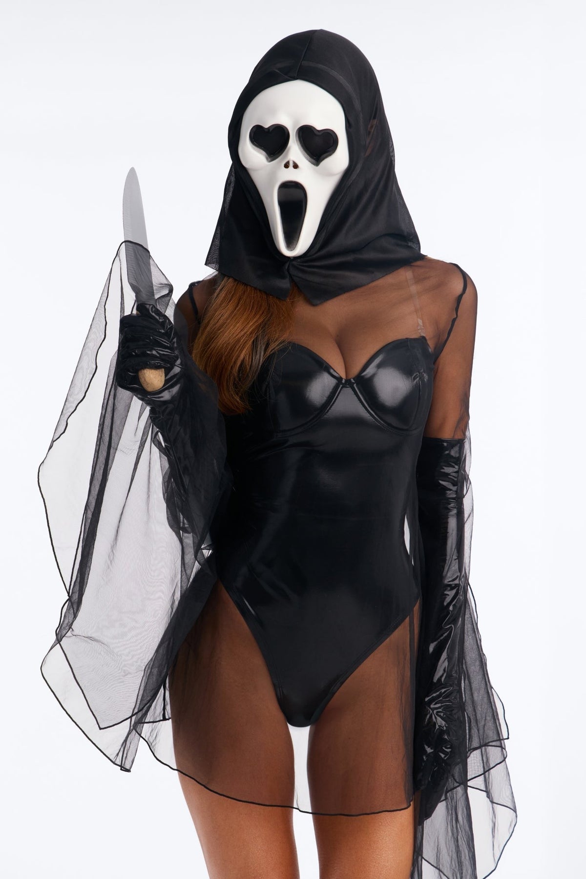 Five Piece Horror Costume Set with Bodysuit and Sheer Dress, Mask and Hood